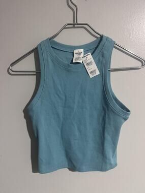 Destined Tank Womens M Blue Cropped High Neck Slim Stretch Ribbed Knit Casual